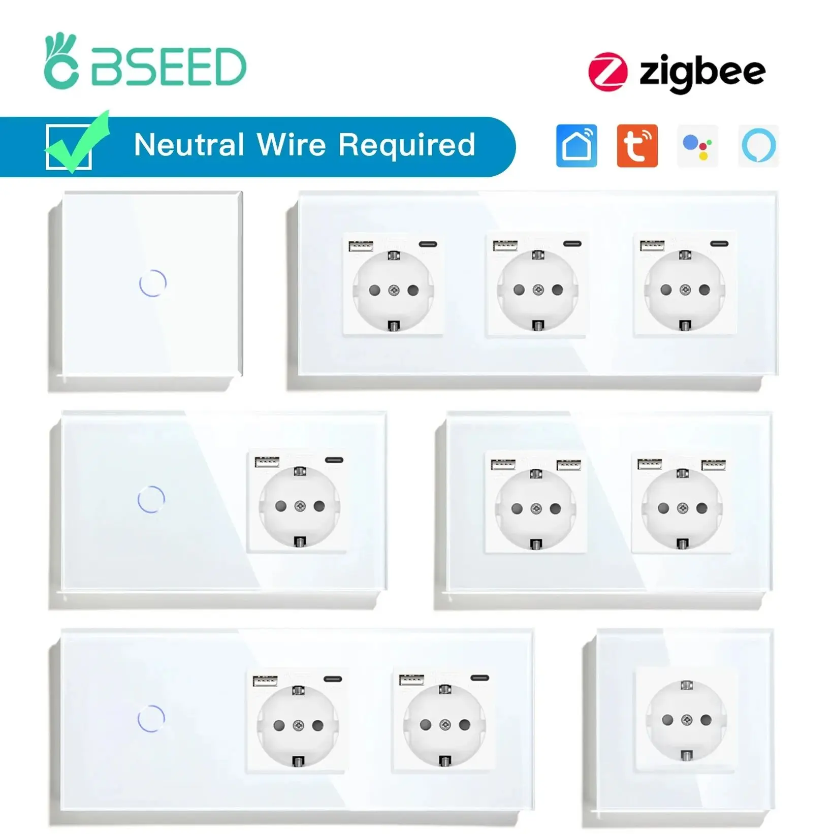 BSEED Zigbee Switches 1/2/3Gang Smart Light Switch EU Normal Wall Sockets Touch Switches Multi-Control Tuya Smart Life APP Alexa