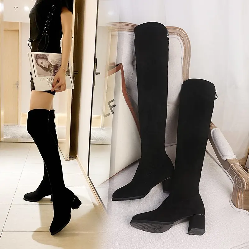 

Solid Flock Over Knee Boots Women Shoes Autumn Winter Sexy High Boots for Women Crystal Square High Heels Fashion Shoes Woman