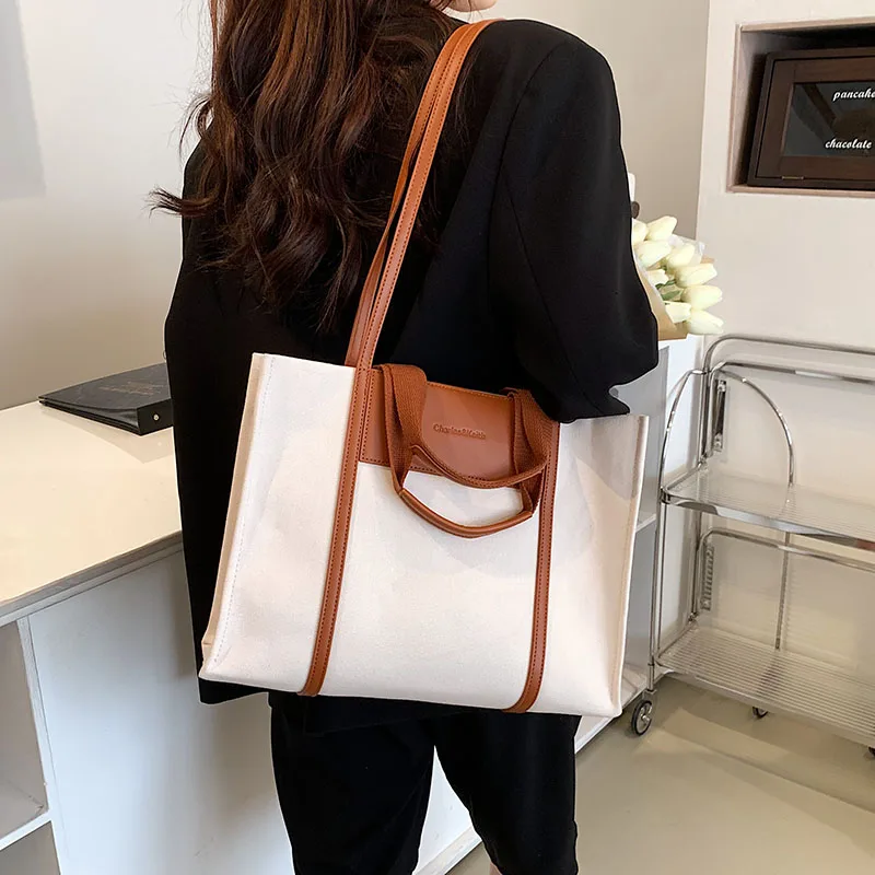 High Quality Canvas With Leather Women Bags Big Shoulder Bags For Women 2022 Large Capacity Ladies Handbags Purses Shopper Bag