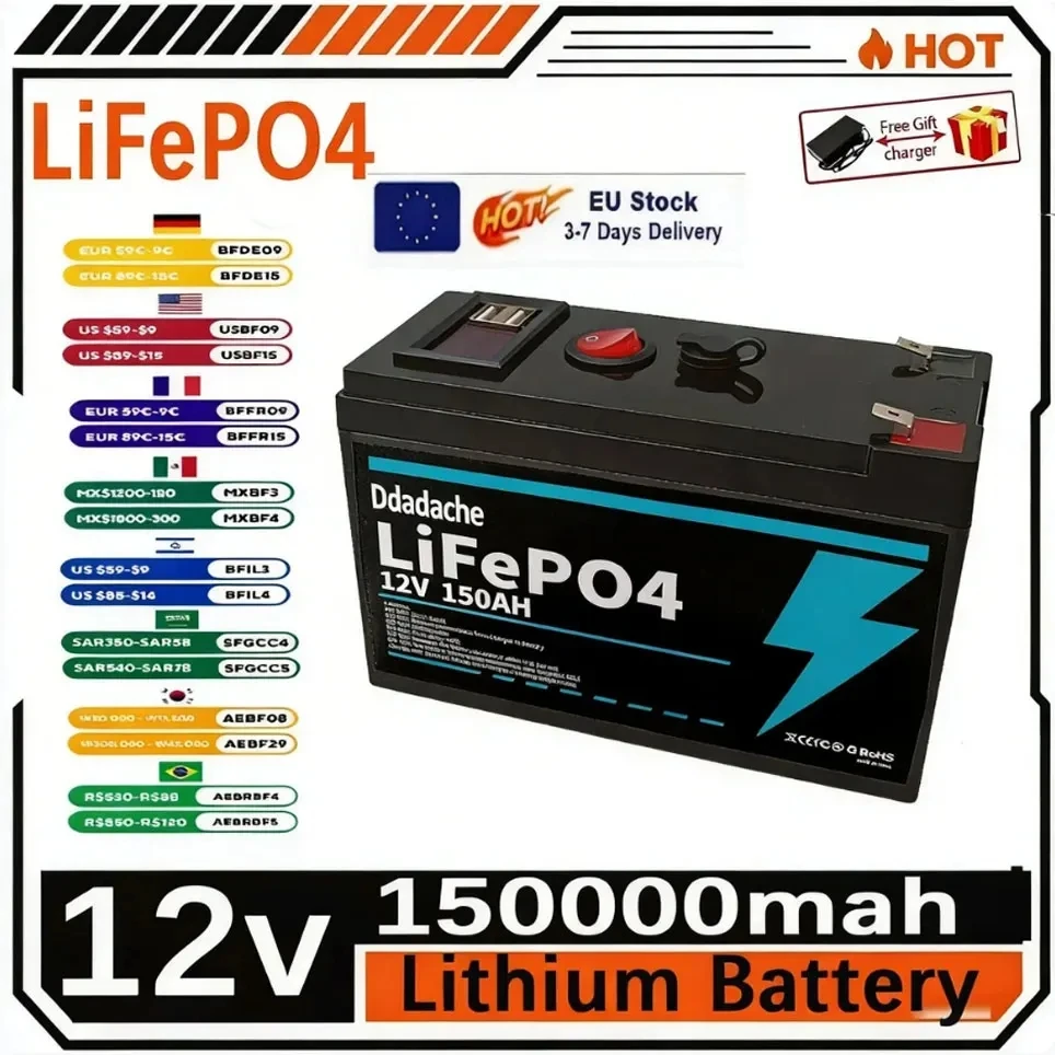 12V 150Ah Lithium LiFeP04 Batterie für Solarladung, Fischfinder, Marine, Outdoor-Camping, Off-Grid-Anwendungen mit USB-Anschluss