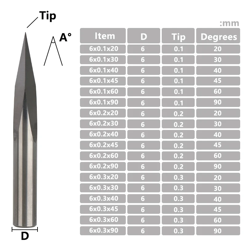 CNC Router Bit 3 Edge Pyramid Engraving Bits 4mm/6mm Shank Carbide End Mill 20,30,40,45,60,90 Degrees CNC Router Milling Tool