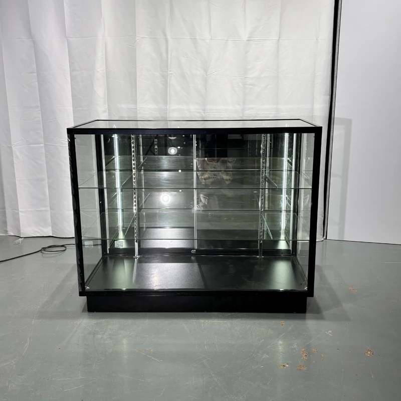 Black Adjustable Glass Display Case with LED Lights Aluminum Frame for Smoke Shops & Retail Counters
