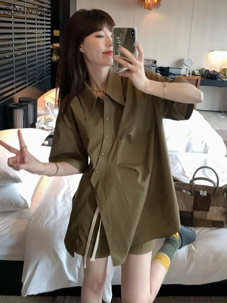 

Women Summer 2 Pieces Sets Simple Asymmetrical Korean Fashion Young Girls Irregular Shirts Drawstring Shorts Chic All-match BF