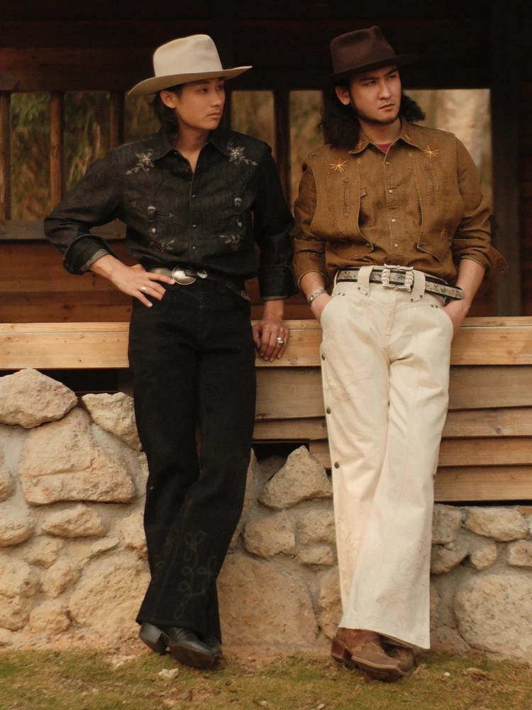 

Western Series Naville 98OZ Denim irt Tead Embroidery Waed Stand Fit Long Sve Vintage Sle Men's Casual irt