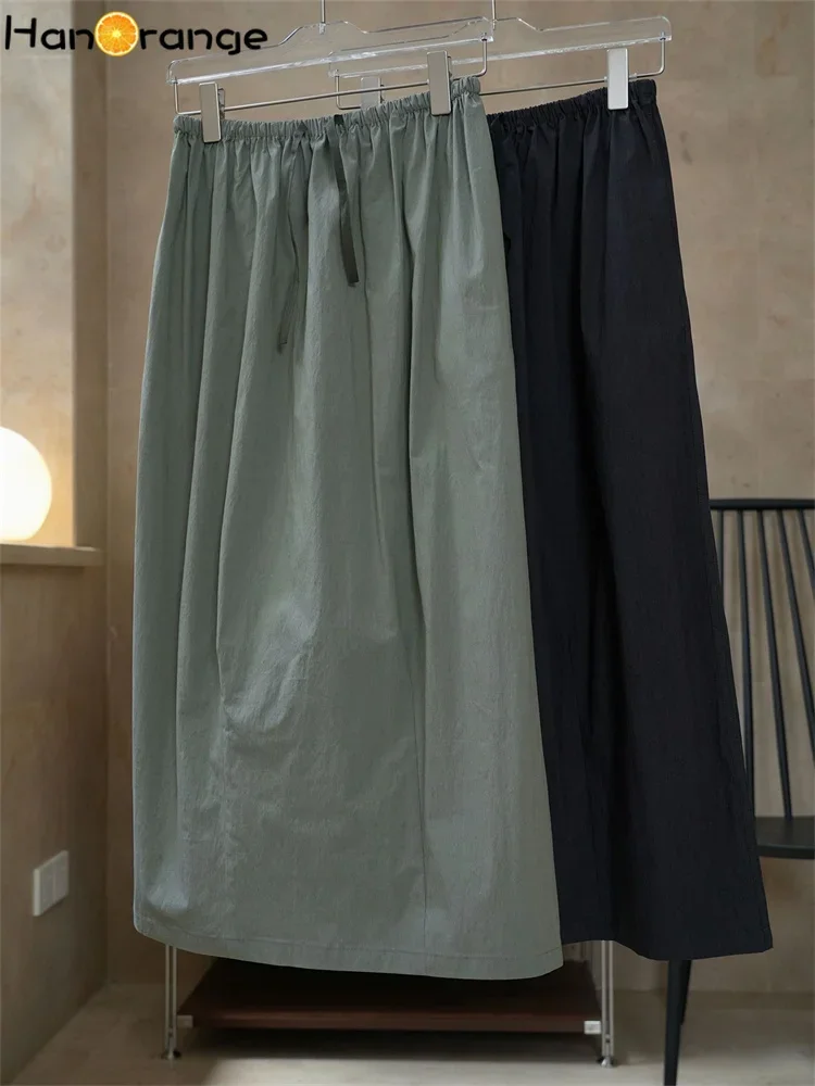 HanOrange 2024 Street Casual High Waist Half Skirt Loose Elastic Waist H-shaped Midi Skirt Grey Green/Gray Black