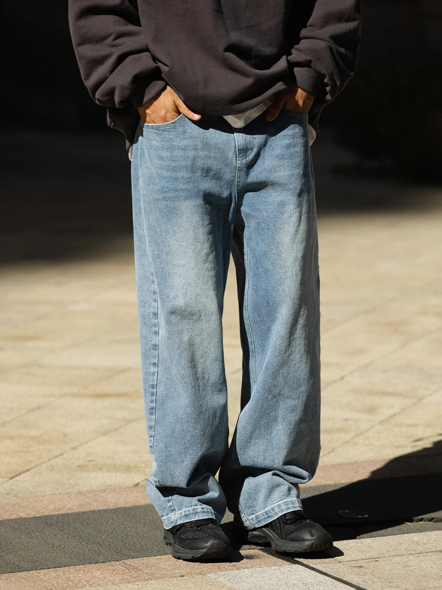 

Noears Retro Heavyweight Light Wa Men's Jeans Floor-Length Straight Leg Long Trousers y High Street Trend Casual Cotton