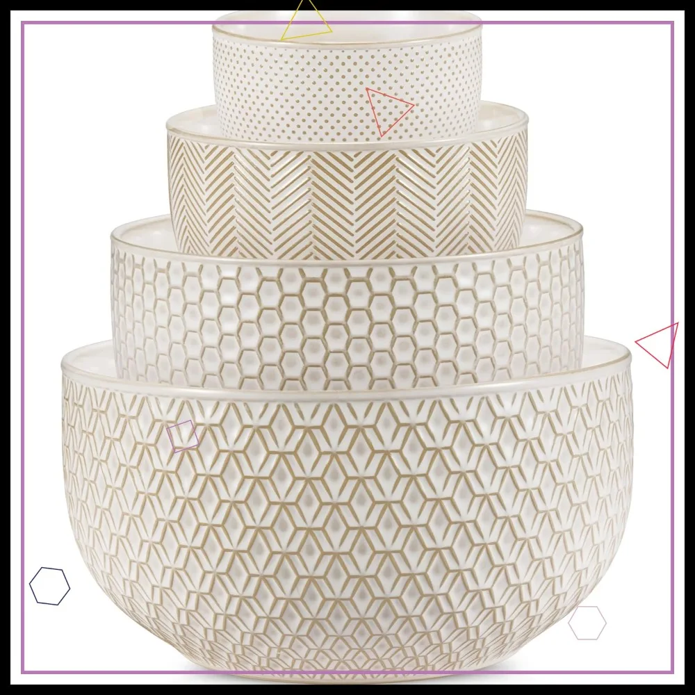 

4-Piece Ceramic Mixing Bowls Set, Embossed Kitchen Dishware for Prep and Serving, Microwave & Dishwasher Safe, 20-145 oz (Ivory)