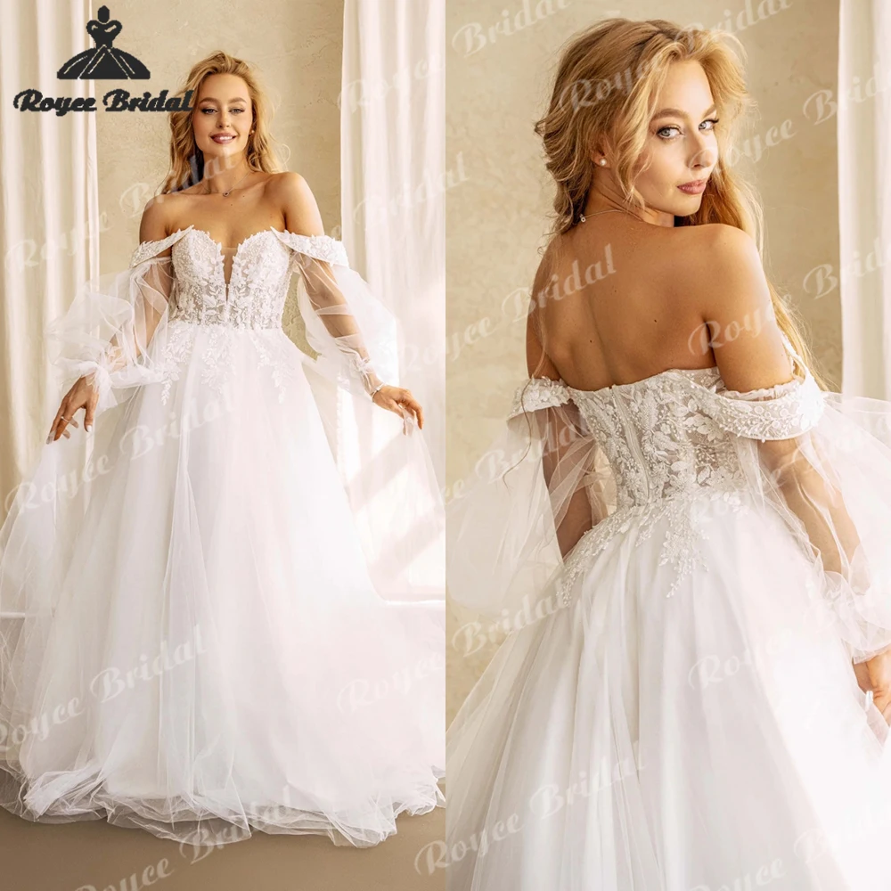 

Floral Off Shoulder A Line Wedding Dresses 2026 Detachable Puffy Sleeves Beach Bridal Gown Customized vestido de novia