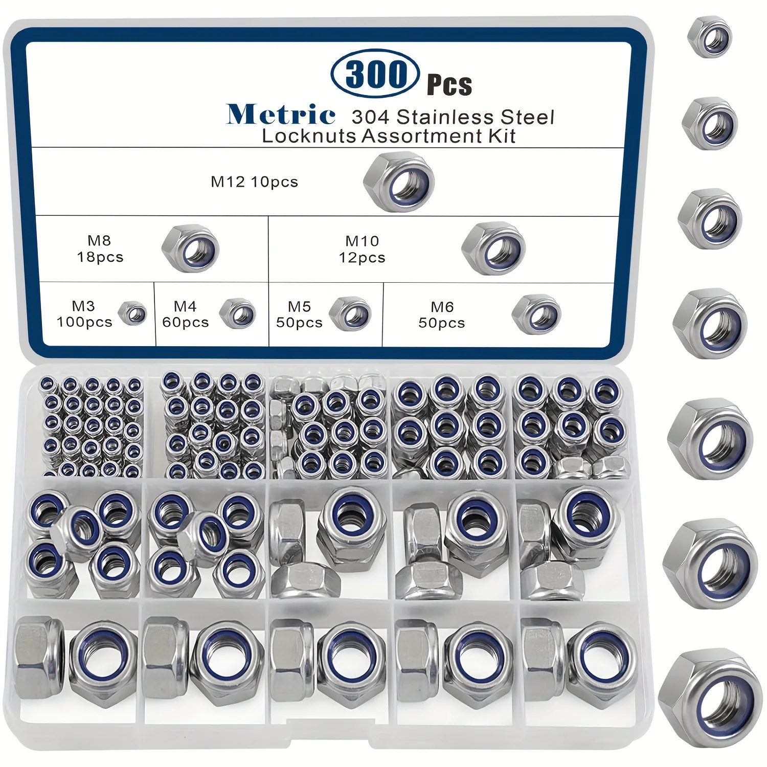 UULMERA 243/248/252/pcs 304 Stainless Steel Nylon Lock Nut Assortment  M3-M12 Hex Self-Locking Insert Stop Nut Silver Anti-Slip