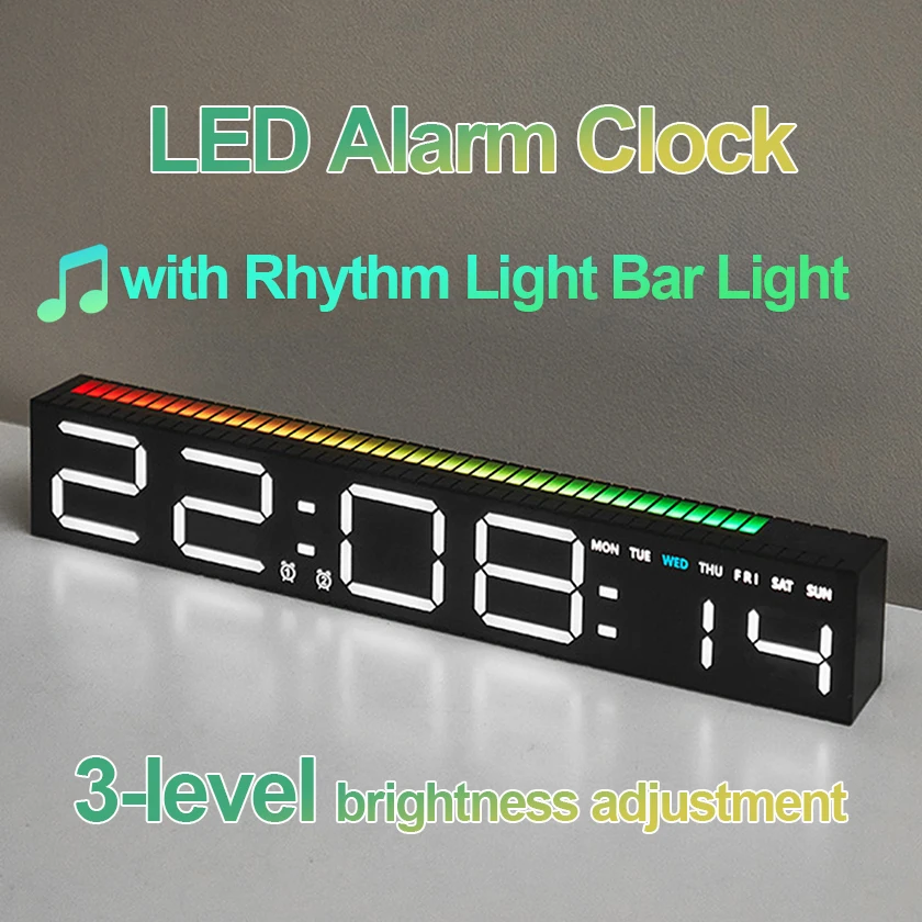 LED Alarm Clock with Rhythm Light Bar Colorful Table Clock with 3 Levels Brightness Adjustable RGB Colorful Electronic Clock
