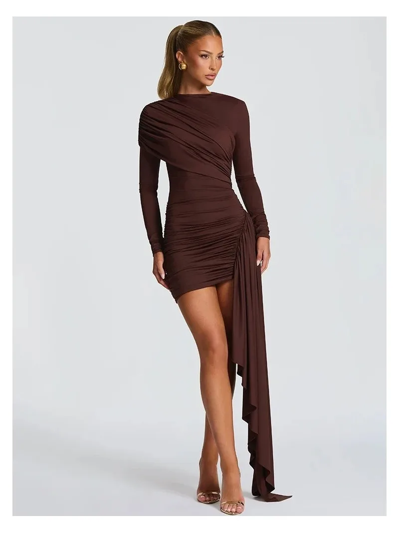 

Elegant Ribbon Sexy Mini Dress Women Ruched Patchwork Bodycon O Neck Solid Long Sleeve Fashion Club Party Dress Female