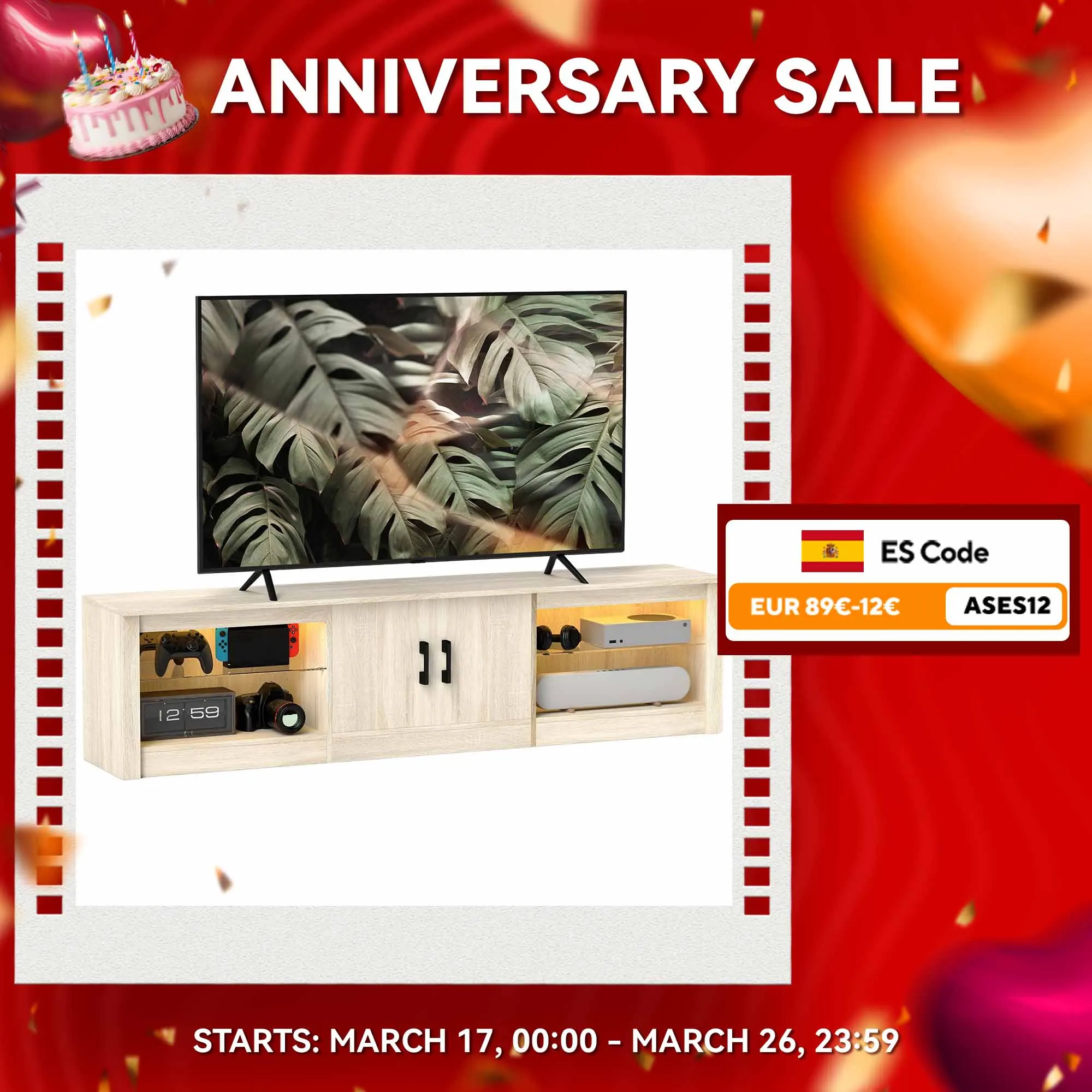 Mobile TV HOMCOM con luci a LED RGB e ripiani in vetro aperto rovere