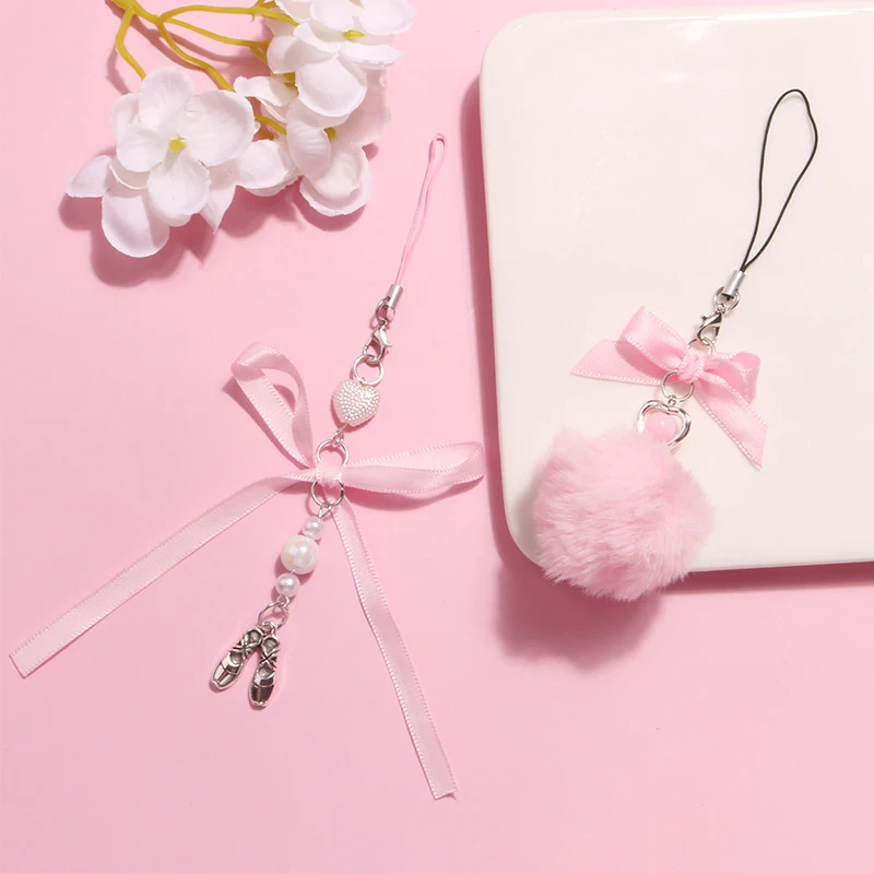 Phone Charm Phone Strap Ornament Delicate Pink Ball Woven Ribbon Bow Keychain Pendant Ribbons Bowknot Keyring For Bags Backpacks