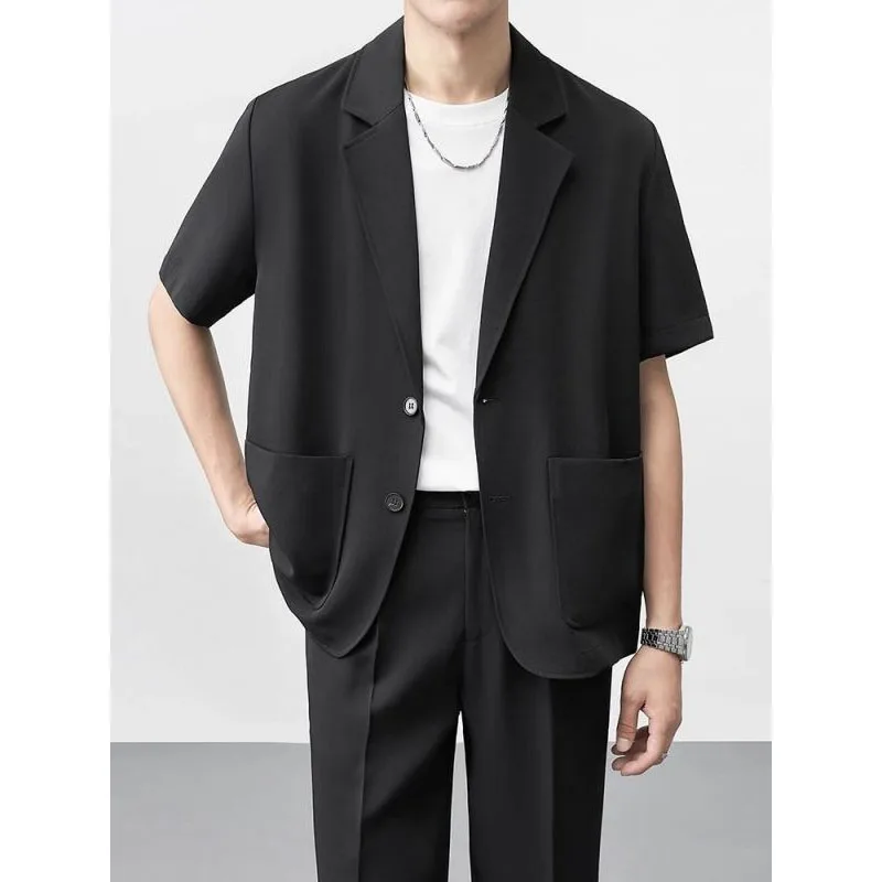Business Casual 2024 Summer New Men's Solid Color Short Sleeve Notched Button Patchwork Pockets Classic Loose Blazer Pants Sets