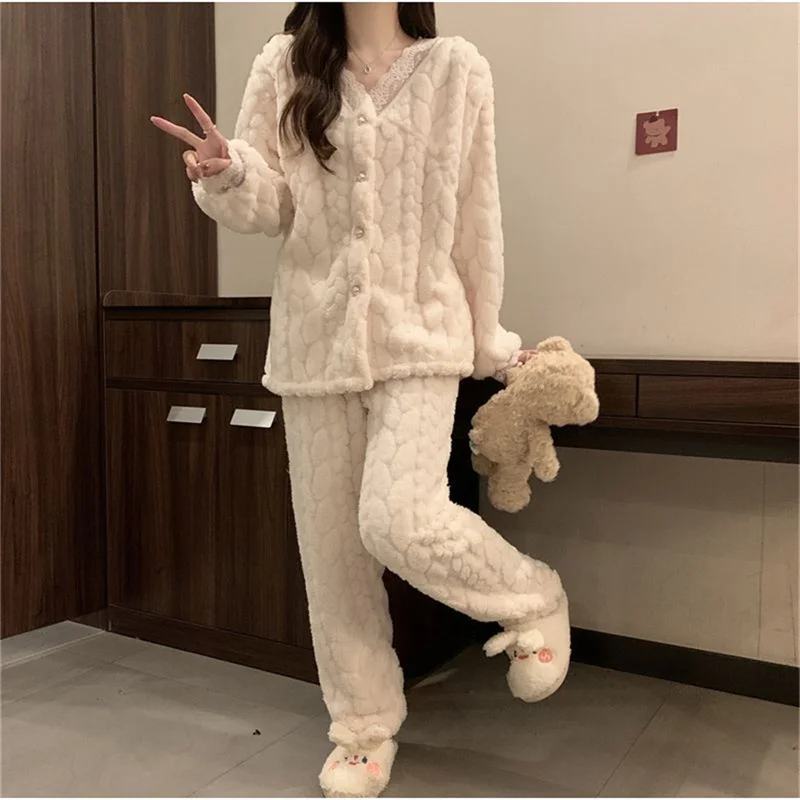 Lace Splicing Pajamas For Women Autumn And Winter Flannel Coral Fleece Thicke Warm Home Clothing Set Outwear 2-Piece Set Girl