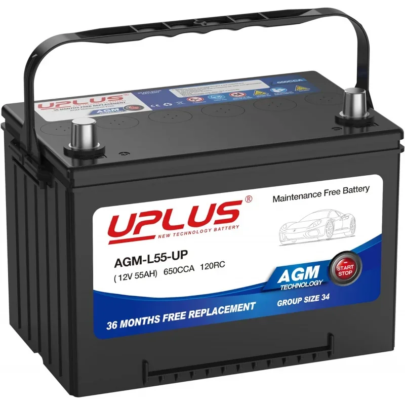 24F Car Battery, AGM-L55-UP Maintenance Free 12V 55Ah Premium AGM Batteries BCI Group 34 Automotive Battery, 650CCA, 120RC