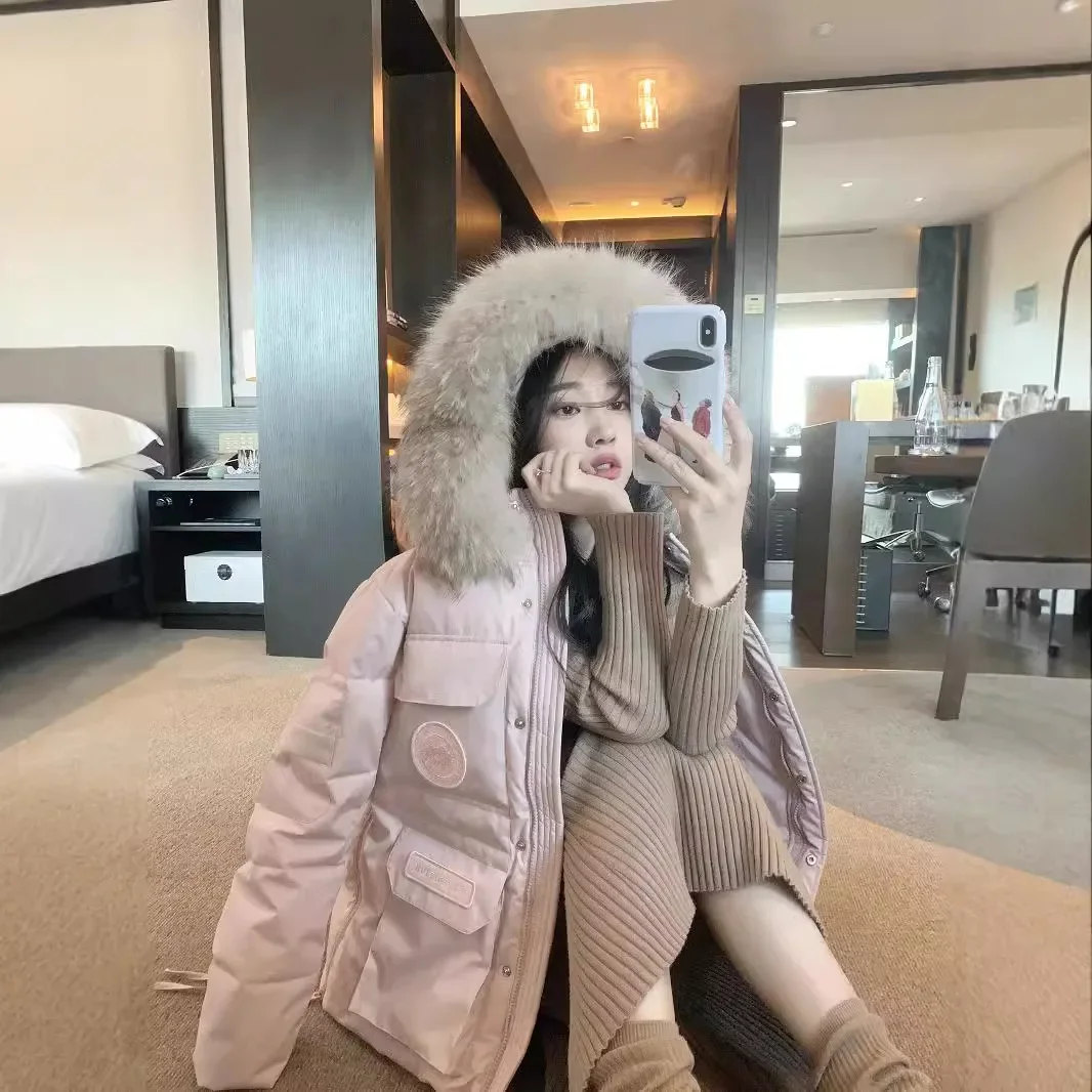 90 white duck down big fur collar 2024 winter new down jacket women's loose small workwear parkour jacket trendy