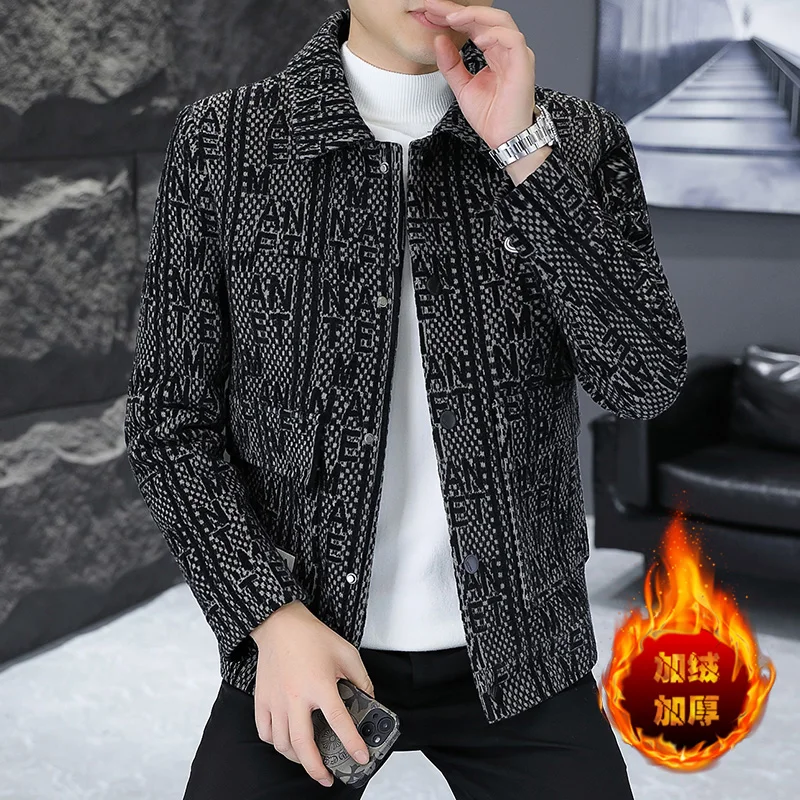 

2023 winter Letter Jacquard Woolen Jacket for Men Thickened and Warm Casual Business Trench Coat Social Streetwear Overcoat