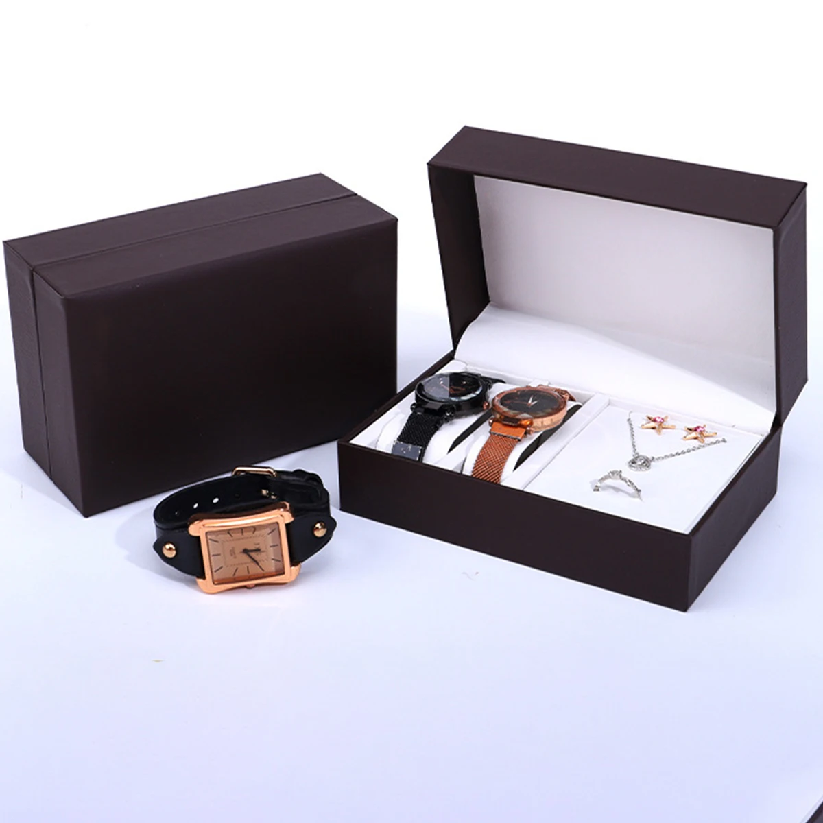 Uhr Lagerung Box 2 Slots Flip PU Leder Uhr Verpackung Box Halskette Anhänger Armband Schmuck Uhr Set Fall Für Männer frauen geschenk