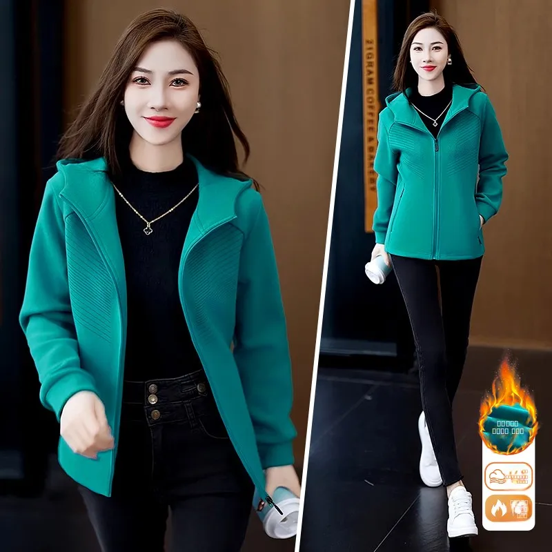 

Women's Fall Winter Thiened Fce Jaet 2024 New Sle Casual Hooded Zipper ket Long Sve Sweatirt Versatile Top