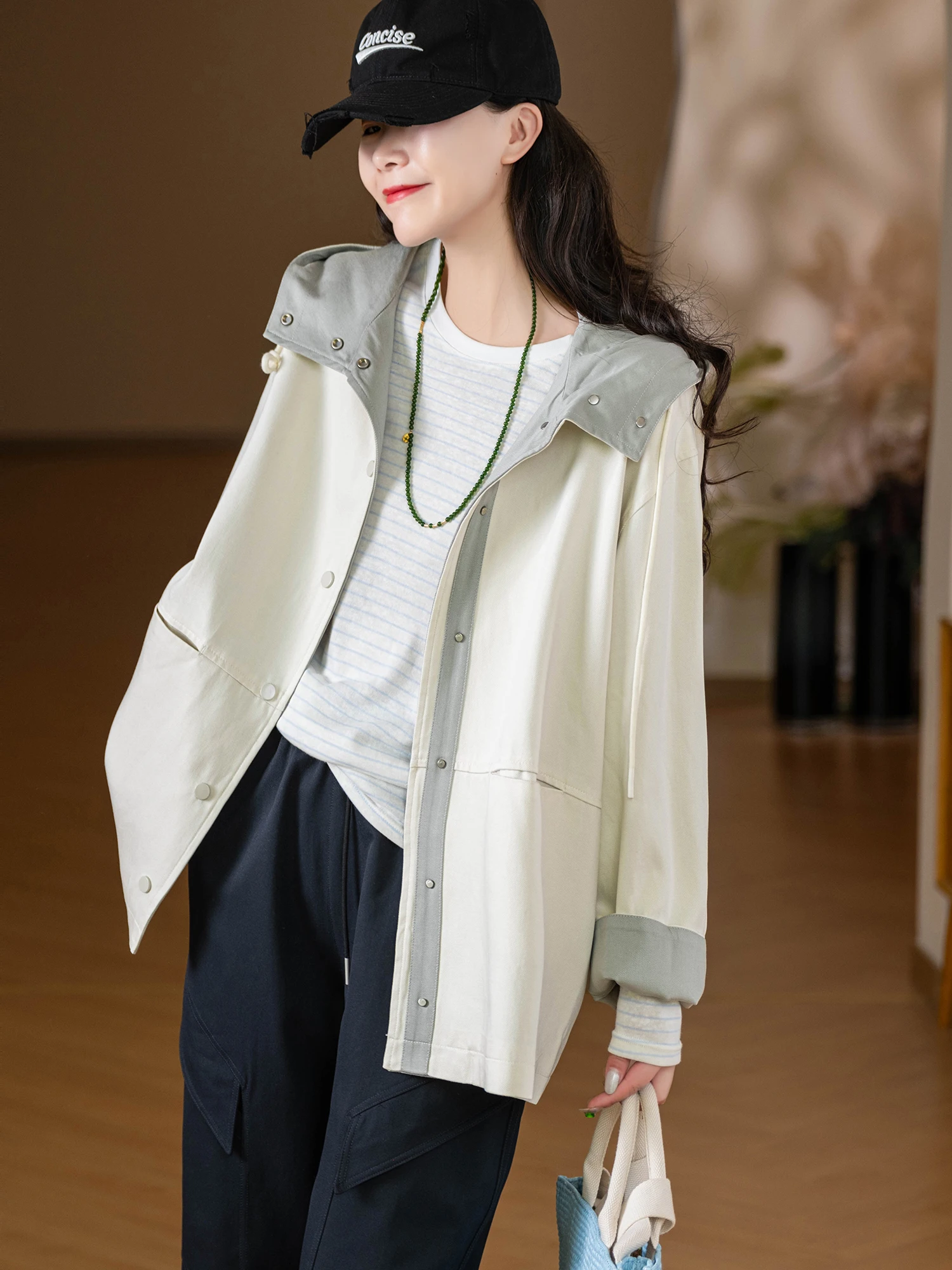 

Lcellose Cotton Casual Loose Fit Color Blo Hooded Long Sve Coat Korean Sle Commute Faion Women's Windbreaker