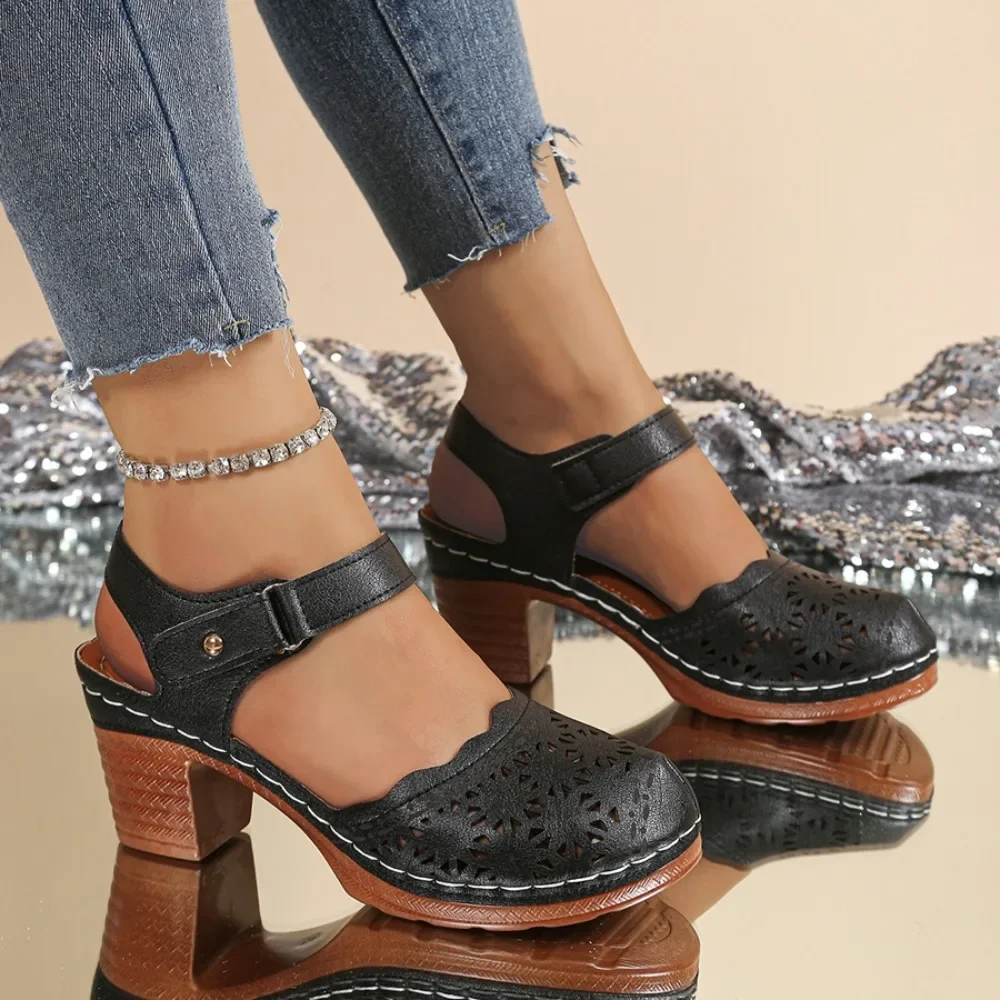 Women Women Hollow Cutout Closed Toe Sandals Chunky Block Heel Ankle Strap Ladies Breathable Vintage Platform Casual Dress Shoes - Aliexpress Deal