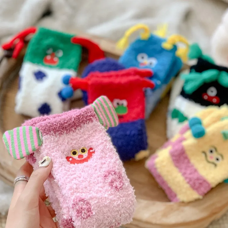 6 Pairs Set Coral Fleece Socks Embroidery Funny Clown Socks Winter Warm Mid Tub Half Flannel Floor Sleeping Socks For Women Cute