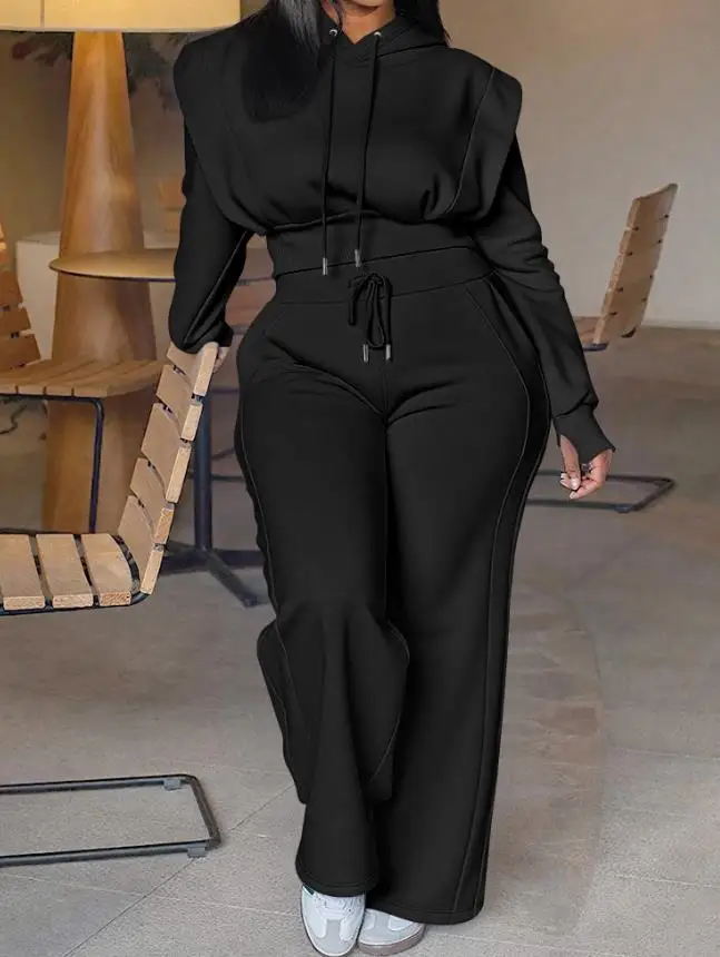 

Long Sleeved Hooded Sweatshirt Set with Drawstring Wide Leg Sweatpants Casual Elastic Waist Comfortable Two-Piece Outfit