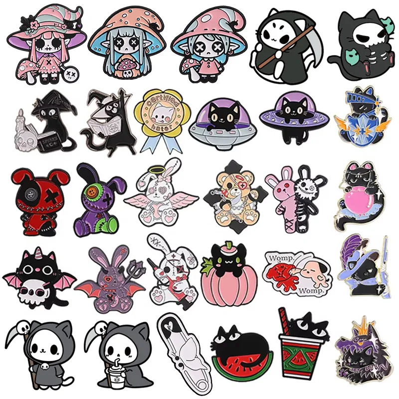 Horror Goth Stitched Doll Elf Witch Brooch Enamel Pin Cosplay Game Witch Knight Cat Wizard Magic Black Cat Brooch Jewelry Badges