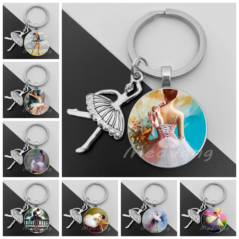 2024 Ballet Girl Keychain Ballet Performer Figure Oil Painting Glass Convex Key Ring Dance Enthusiasts Must Buy Jewelry Gifts