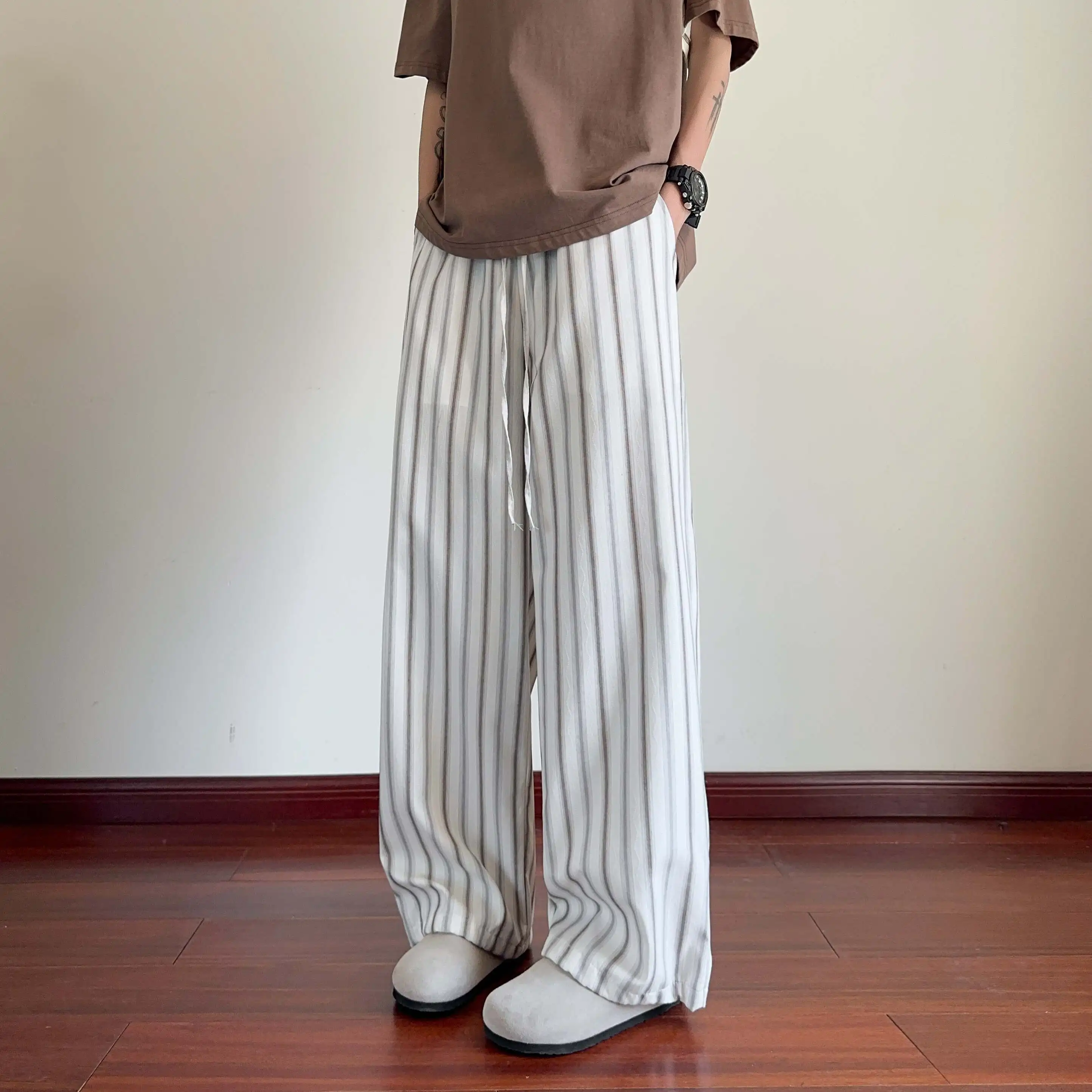 American Blue Vertical Striped Casual Pants Men'S Loose Ins Teenager Wide-Leg Pants