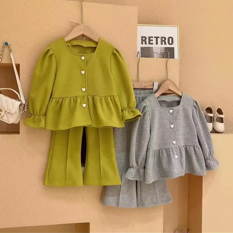 Girls' Spring Suit 2024 New Baby Girl Foreign-style Ruffle Leaf Edge Long-sleeved Jacket Flared Pants Temperament Two-piece Set