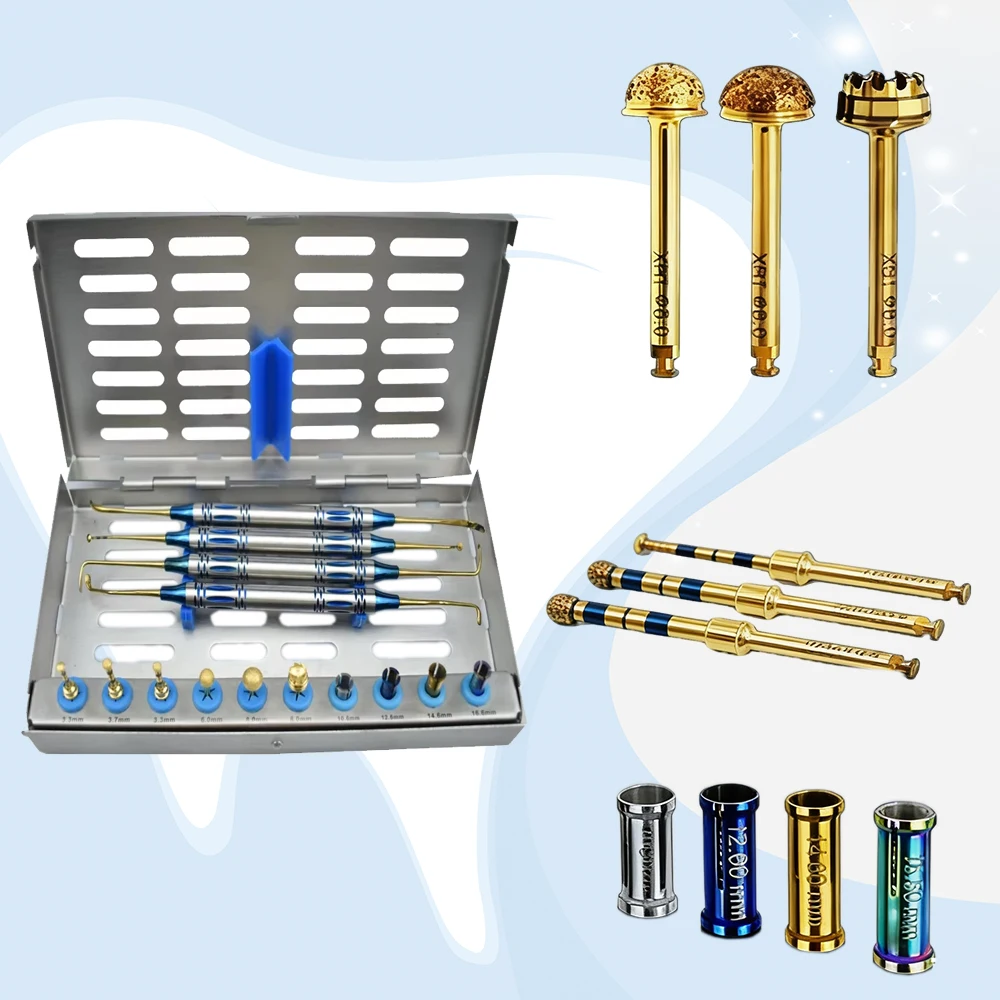 

Набор для синус-лифтинга с имплантологическими сверлами, стопперами, периостальным разделителем и внешними подъемными инструментами для пересадки костных гранул