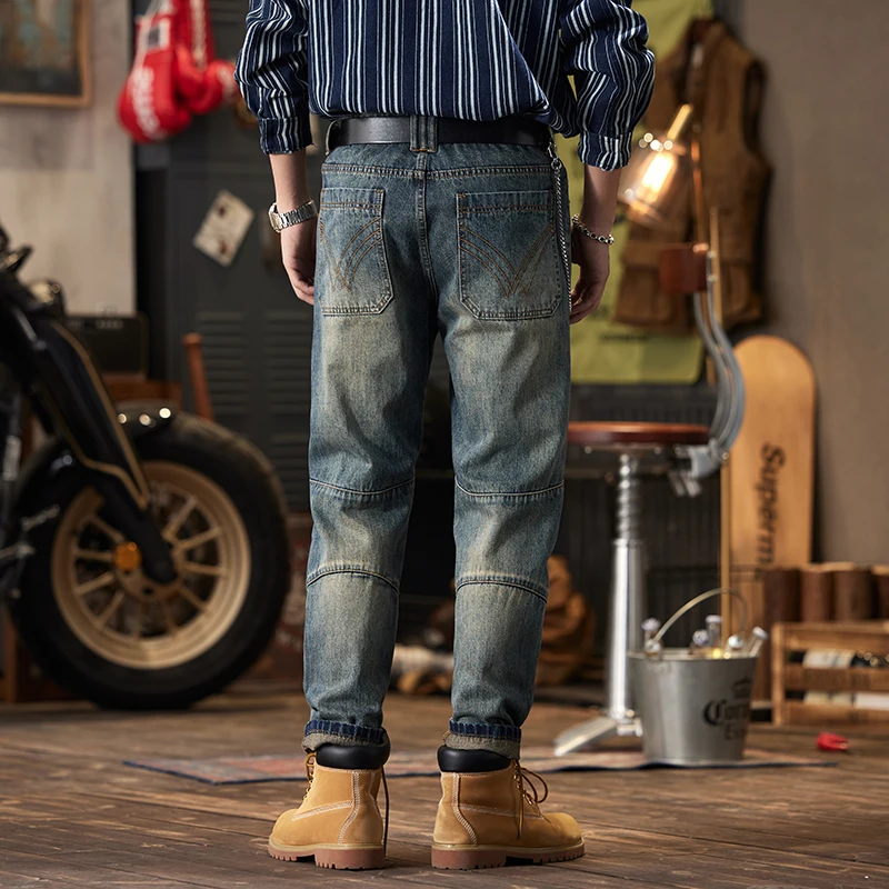 Pantalones vaqueros de retazos Retro nostálgicos para hombre, Pantalones rectos sueltos Punk gruesos, pantalones plisados personalizados para motocicleta