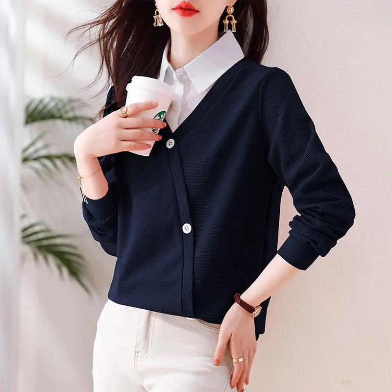 Spring Autumn Long Sleeve Patchwork Fake Two Piece Tops Polo Neck Contrast Loose Casual T Shirts Vintage Elegant Women Clothing