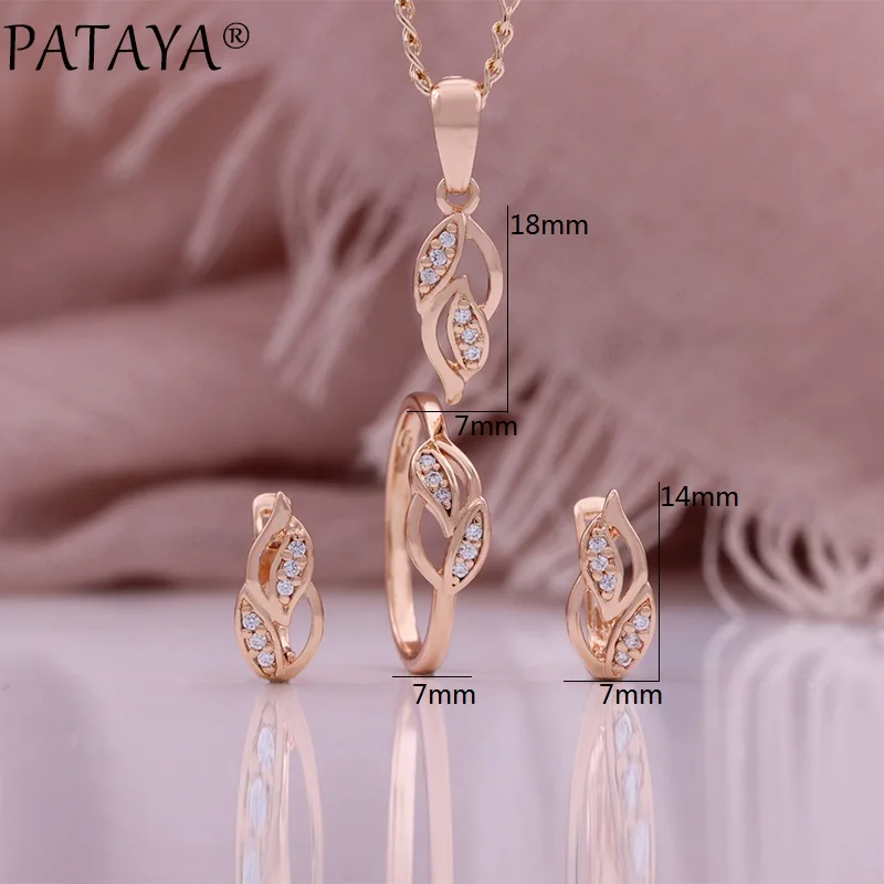 PATAYA Lucky Leaf Hollow Earrings Rings 585 Rose Gold Color Ethnic Bride Wedding Jewelry Sets Fashion 2023 Women Party Usual Set