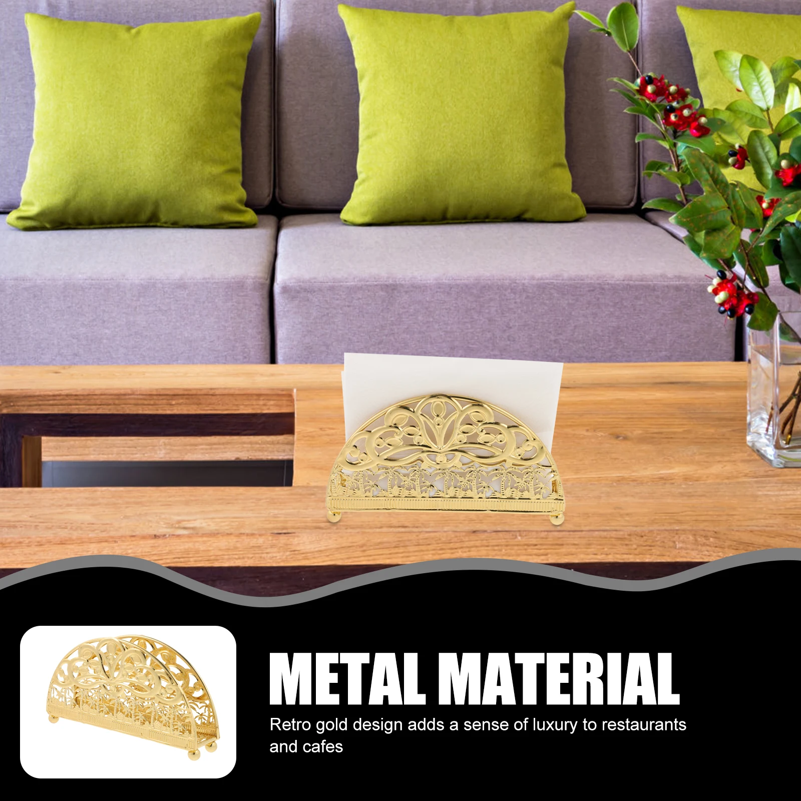 

Vintage Style Metal Holder Hollow Semicircle Tabletop Serviette Rack Countertop Tissue Holder Household Napkin Stand Kitchen