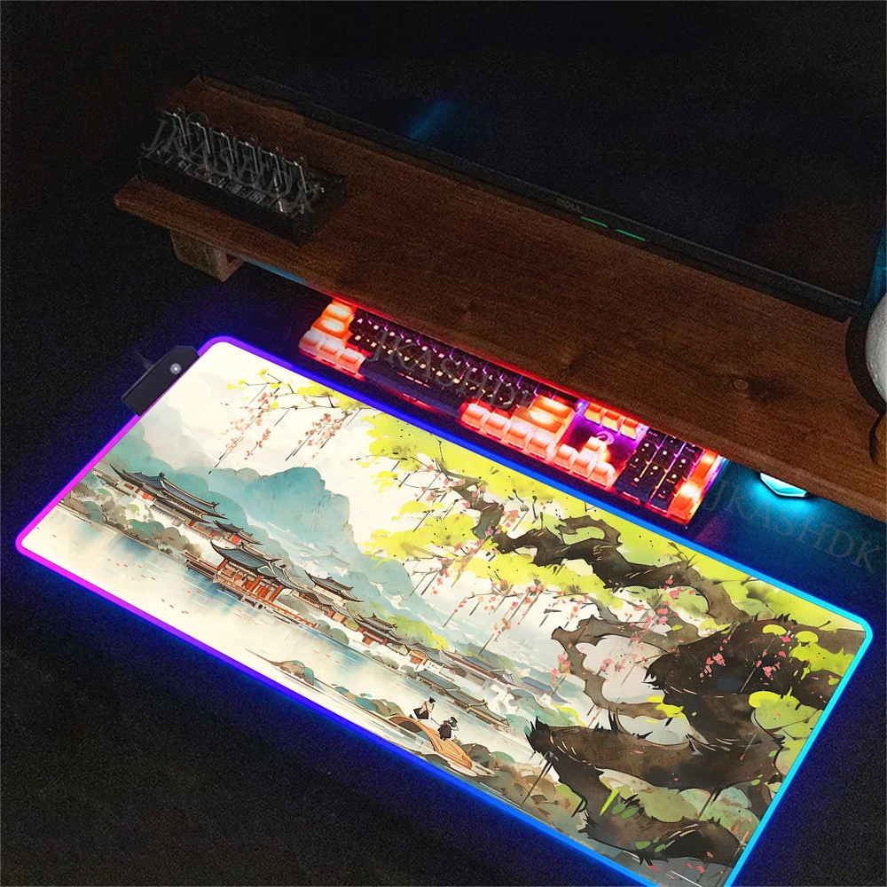 Anime Landscape RGB Gaming Mouse Pad LED Light High Quality Colorful Desk Mat Carpet Rubber Padd Office Laptop Backlit Mouse Mat