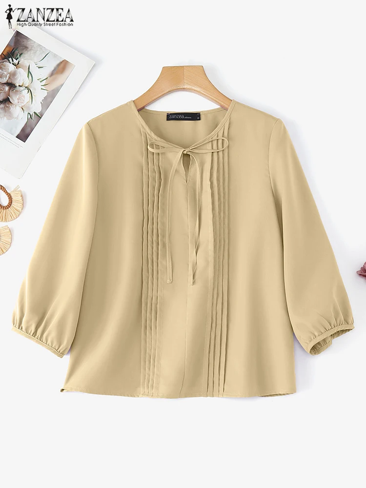 

ZANZEA 2022, осенняя модная женская блузка с пышными рукавами, бандажные плиссированные офисные блузки, повседневная свободная однотонная туника с рукавами 3/4, шикарные топы