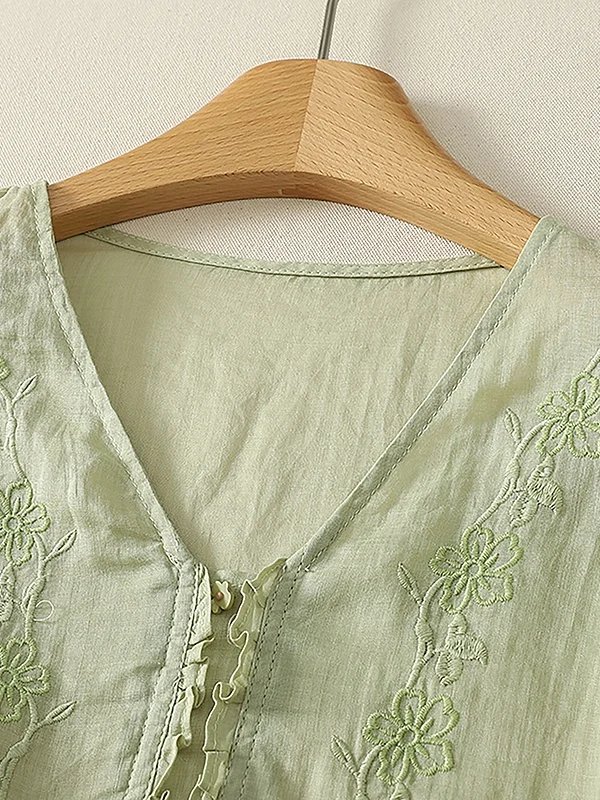 Retro V-neck Embroidered Shirt Five-quarter Sleeve Breathable Single-button Large Size Korean Japanese Style Artistic Loose Fit 5
