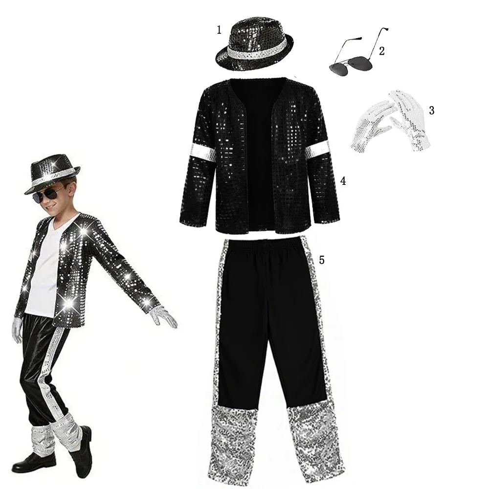 Kinder Hip-Hop-Popstar-Paillettenkostüm Jungen Schwarzes Silber Glitzer-Jacken-Hosen-Set mit Hut, Sonnenbrille, Handschuhen, Karnevals-Show-Outfit – Detail 7
