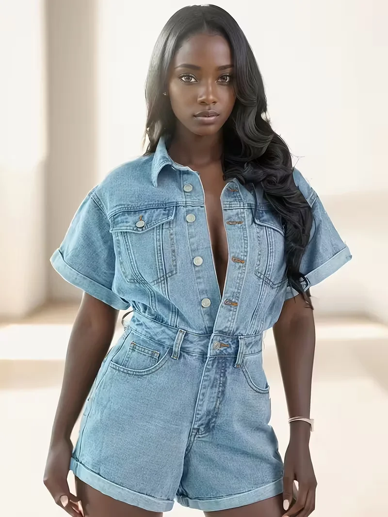 

Женские джинсовые комбинезоны, короткий джинсовый комбинезон с потертостями, короткий рукав, пуговицы