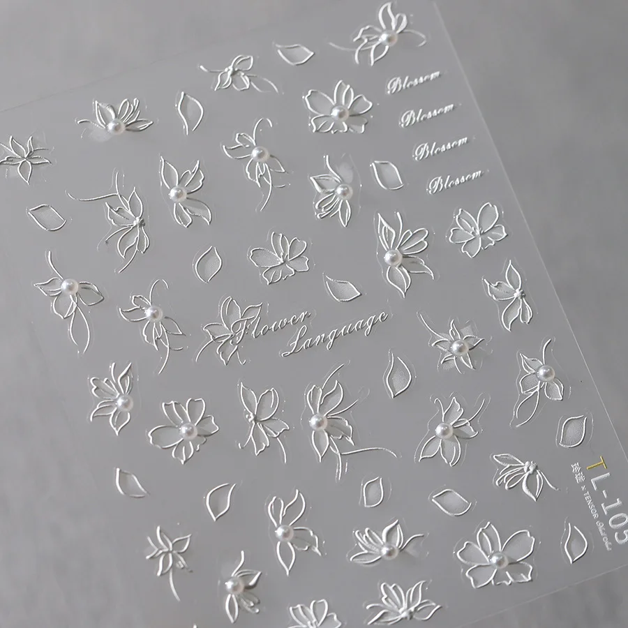 1pcs 5D Relief White Dahlia Flower Nail Art Stickers Pearls Rhinestone Gradient Floral Nail Decals Self Adhesive DIY Accessories