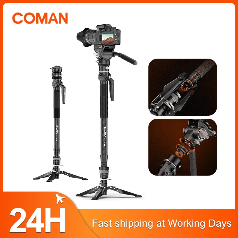 COMAN M1 Carbon Fiber Monopod Tripod Quick Release Plate DSLR Camera Stand Travel Lightweight One Click Lifting Holder