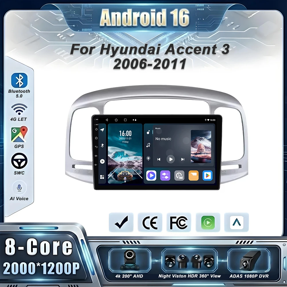 Car Radio Navigation GPS WIFI Multimedia Wireless Carplay Stereo Screen 4G Android 16 For Hyundai Accent 3 2006-2011 2DIN