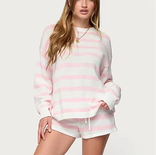 Fashionable Color Block Stripe Matching Set Long Sleeve Knit Top Tie Waist Shorts Two Piece Outfit