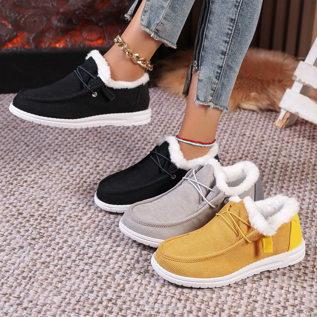 

Women Flat Plush Single Shoes Female Canvas Flats Women Autumn Winter New Fashion Comfortable Casual Shoes Plus Size 36-43