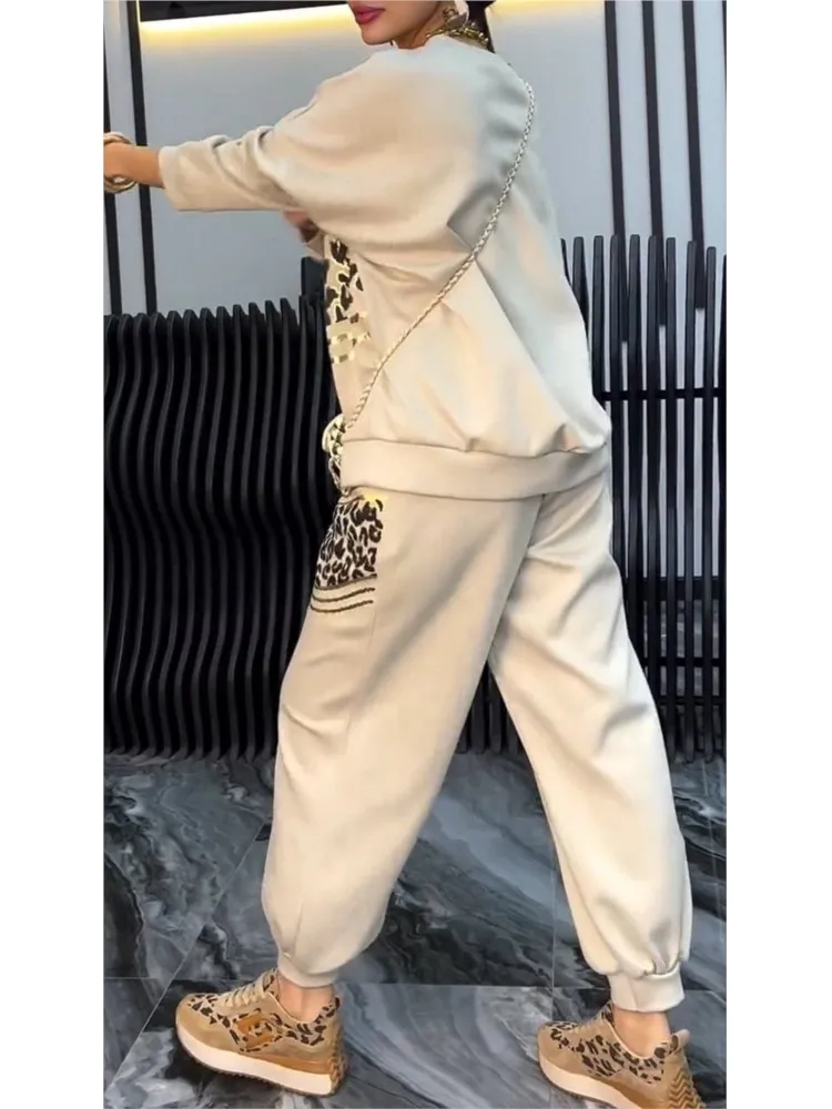 Fashion V-neck Long-sleeved Sweatshirt Top + Pants 2-piece Set For Women Autumn Loose Leopard Printing Pocket Casual Suit Female