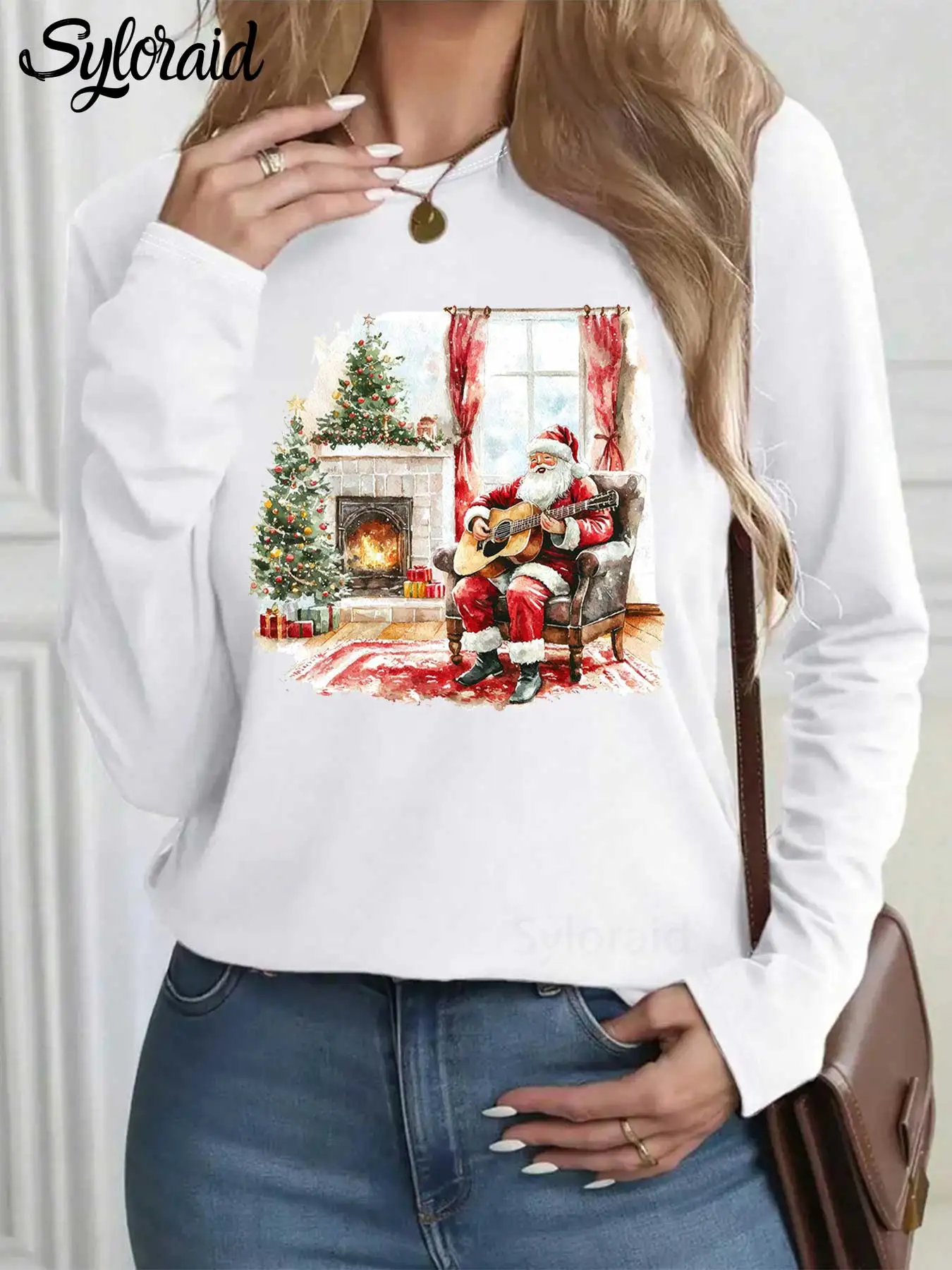 تي شيرت نسائي طويل الأكمام لعيد الميلاد سانتا كلوز يلعب الجيتار جرافيك تي شيرت عصري برقبة دائرية كاجوال #1