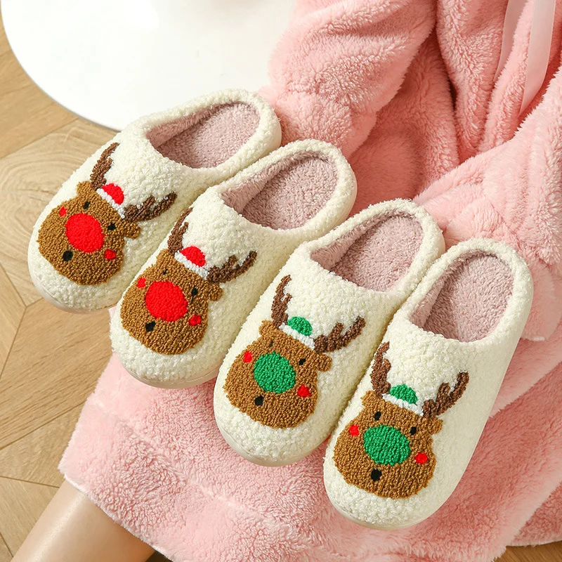 Christmas Plush House Slippers for Women Winter Cozy Warm Anti-slip Slippers Cartoon Indoor and Outdoor Flat Soft Bedroom Shoes